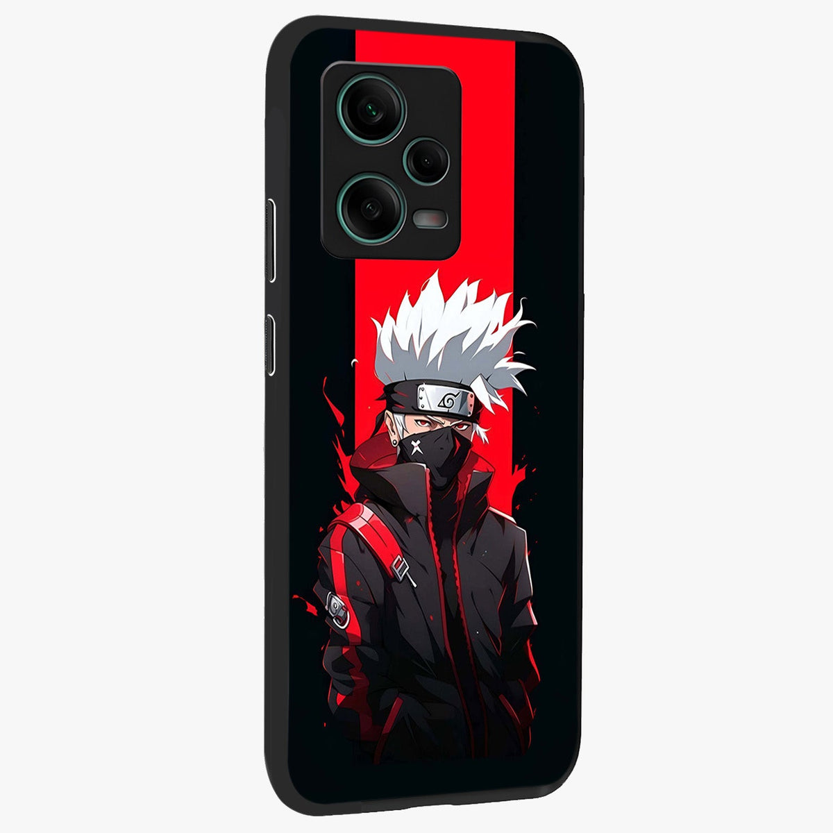 Kakashi Scarlet Shadow Glass Case displayed in angled mockup highlighting dramatic ninja illustration with scarlet themed aesthetic.