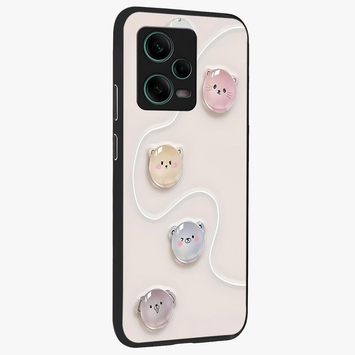 Puffy Face Parade Glass Case displayed in angled mockup highlighting playful cartoon face design with fun aesthetic.