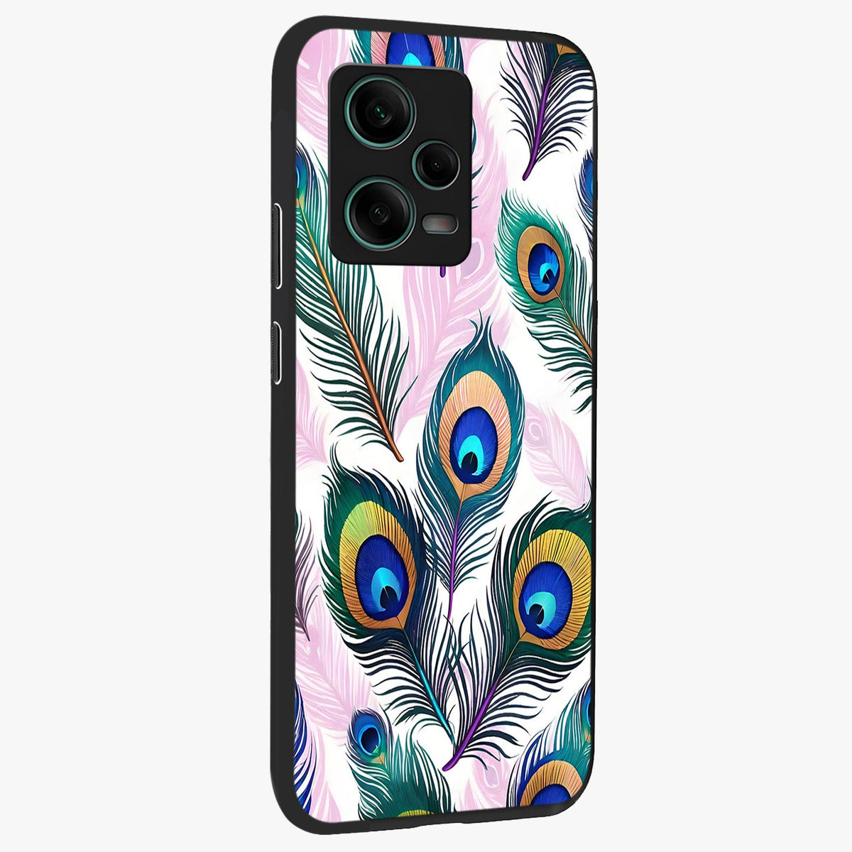 Royal Peacock Feathers Glass Case displayed in angled mockup highlighting vibrant feather pattern with regal aesthetic style.