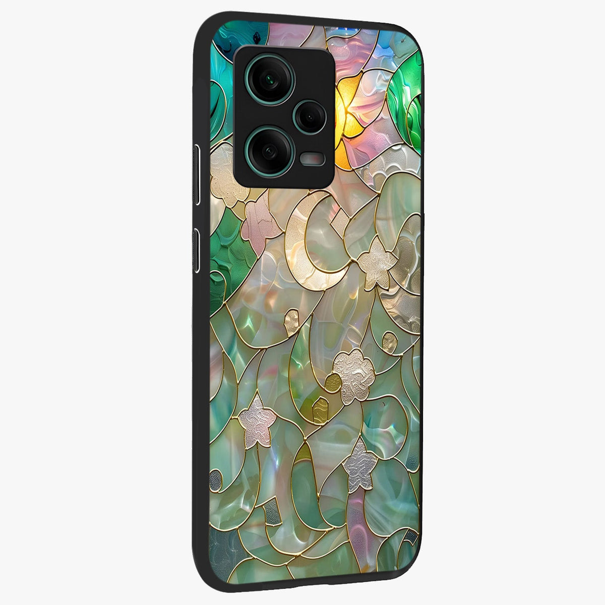 Stained Sunrise Glow Glass Case displayed in angled mockup highlighting radiant sunrise design with artistic aesthetic style.