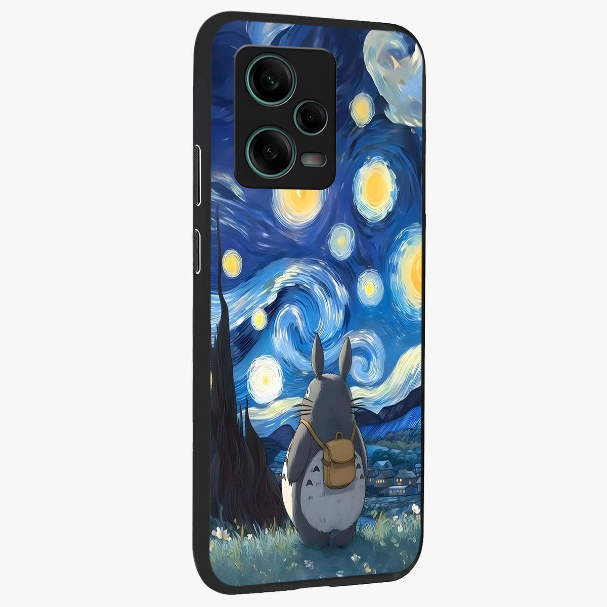 Totoro In Van Gogh Art Glass Case displayed in angled mockup highlighting artistic swirling sky design with playful animation aesthetic.