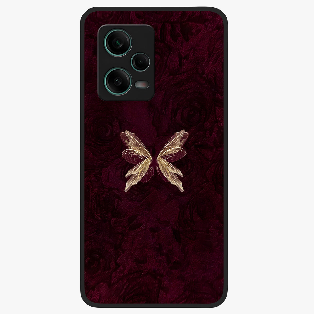 Crimson Fade Butterfly Glass Case upright view showcasing graceful butterfly artwork with soft crimson fade effect.