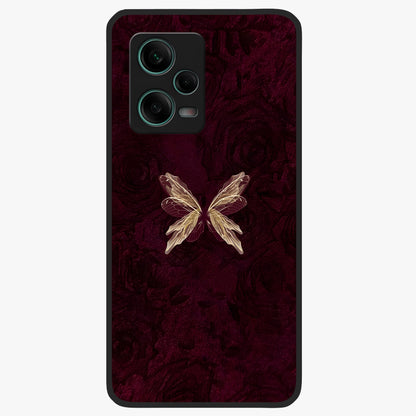 Crimson Fade Butterfly Glass Case upright view showcasing graceful butterfly artwork with soft crimson fade effect.