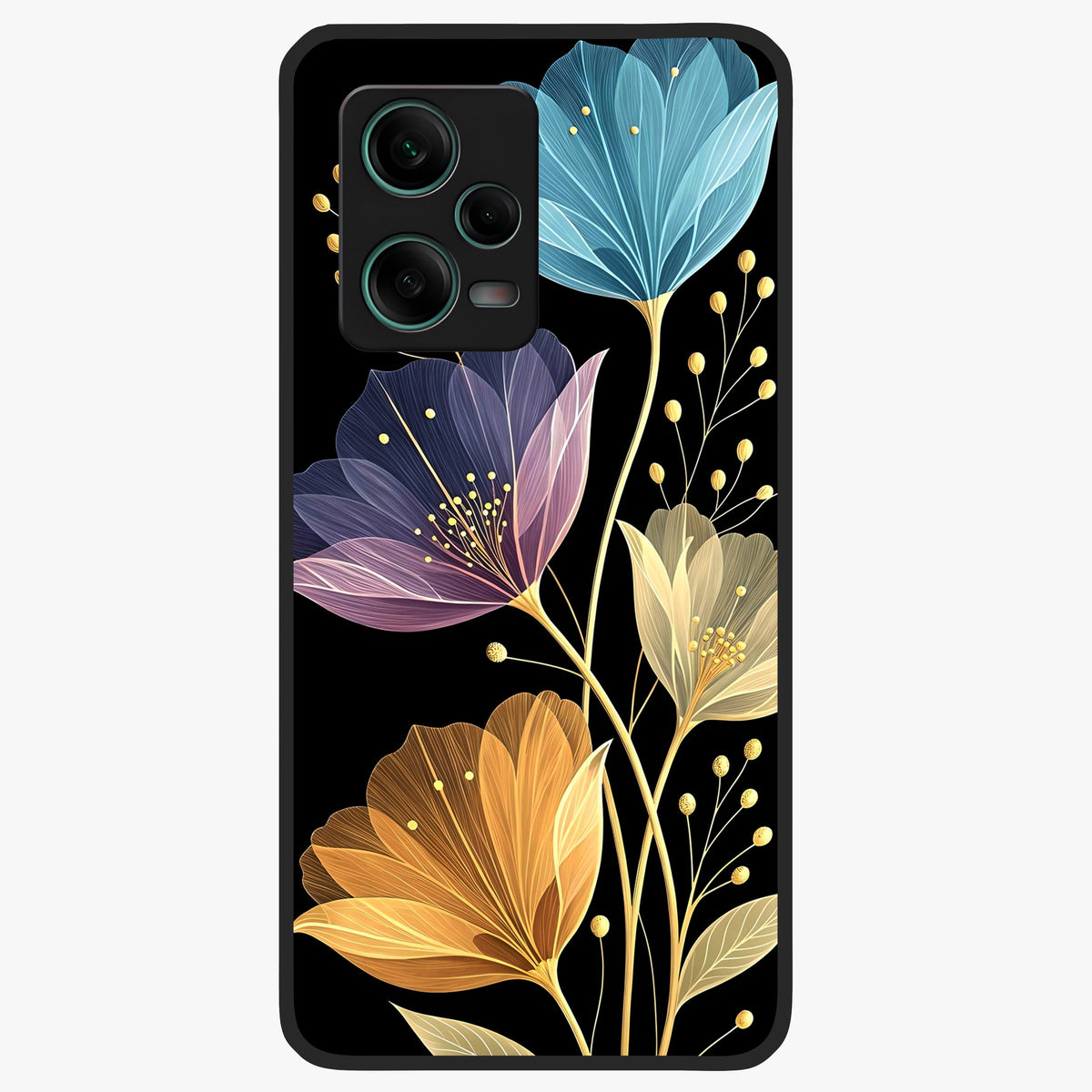 Delicate Multicolor Flowers Glass Case upright view showcasing delicate floral artwork with bright botanical theme.