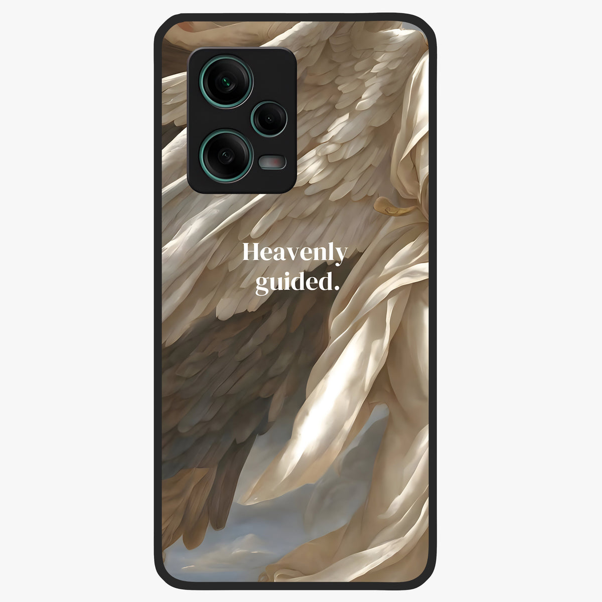 Divine Winged Grace Glass Case upright view showcasing spiritual wing artwork with soft celestial theme.