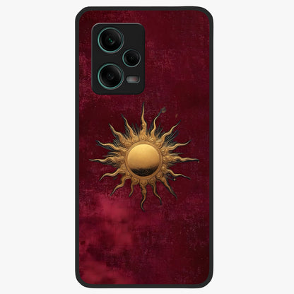 Golden Sun Minimalism Glass Case upright view showcasing simple golden sun artwork with elegant minimalist style.