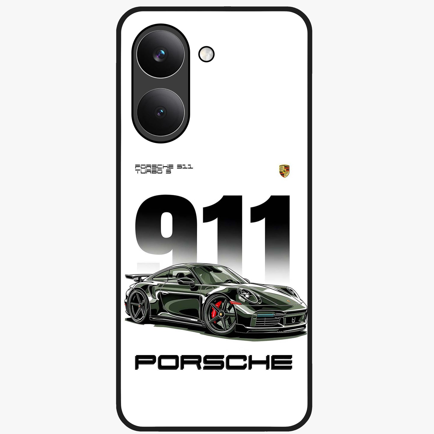911 Turbo Dominance Glass Case showing clean flat back view with bold 911 sports car artwork and glossy glass finish.