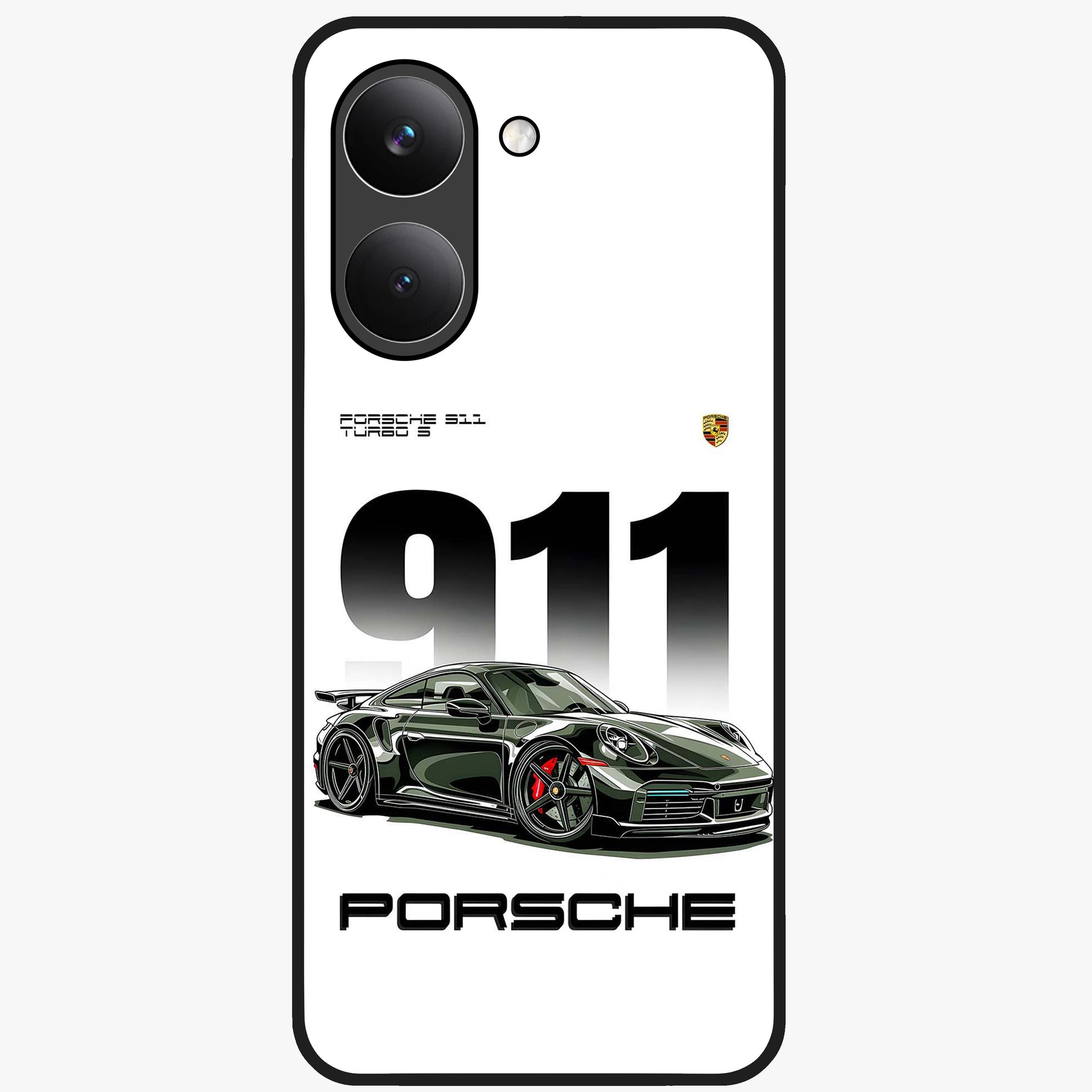 911 Turbo Dominance Glass Case showing clean flat back view with bold 911 sports car artwork and glossy glass finish.