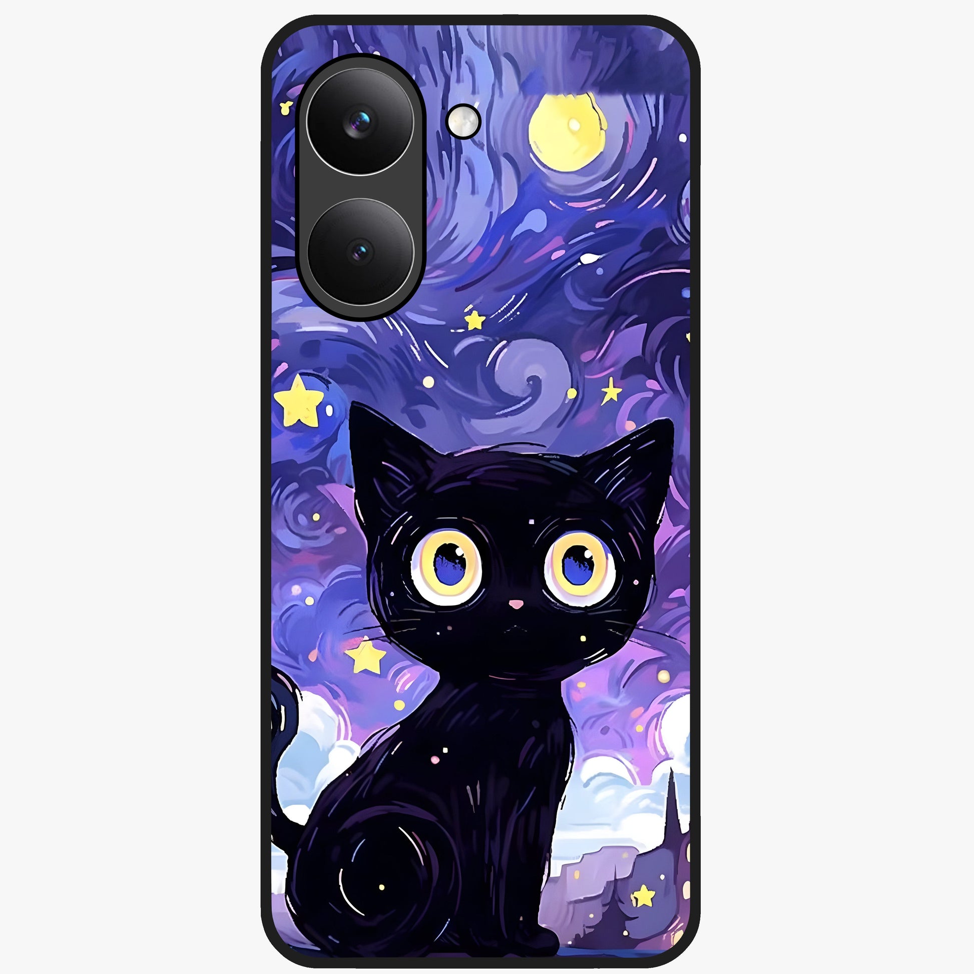 Abstract Cat Art Glass Case showing flat back view with artistic cat illustration and glossy glass finish.