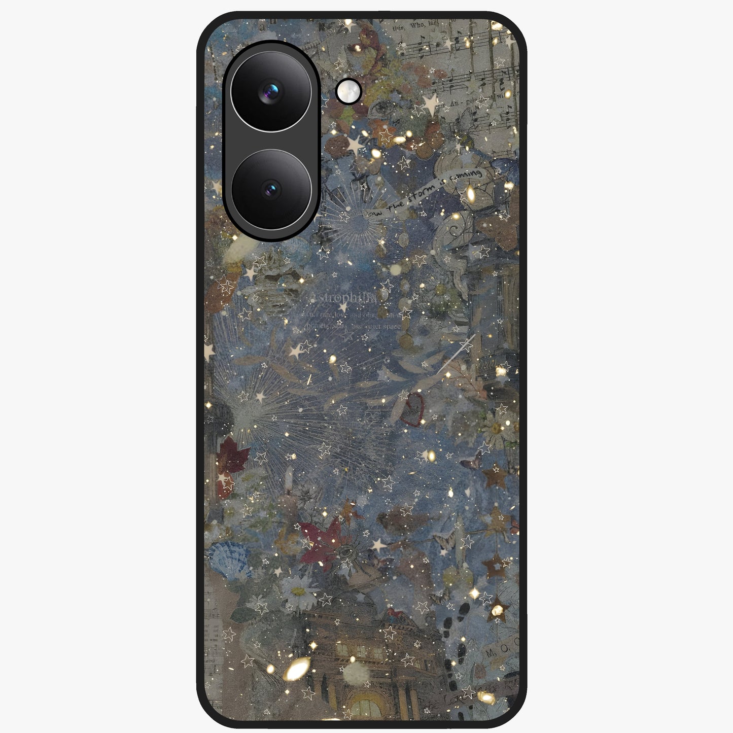 Aesthetic Astrolophia Glass Case showing flat back view with dreamy aesthetic design and glossy glass finish.