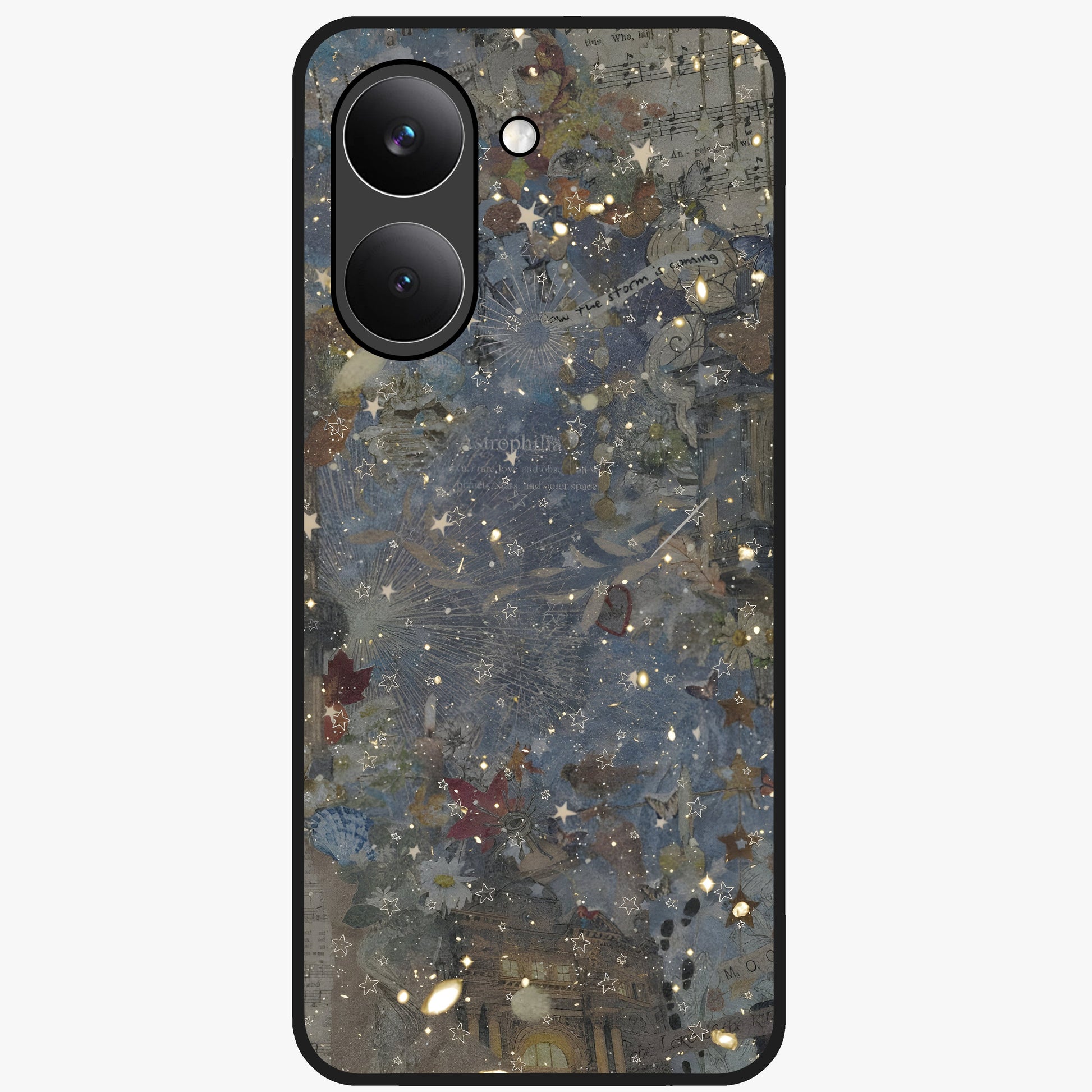 Aesthetic Astrolophia Glass Case showing flat back view with dreamy aesthetic design and glossy glass finish.