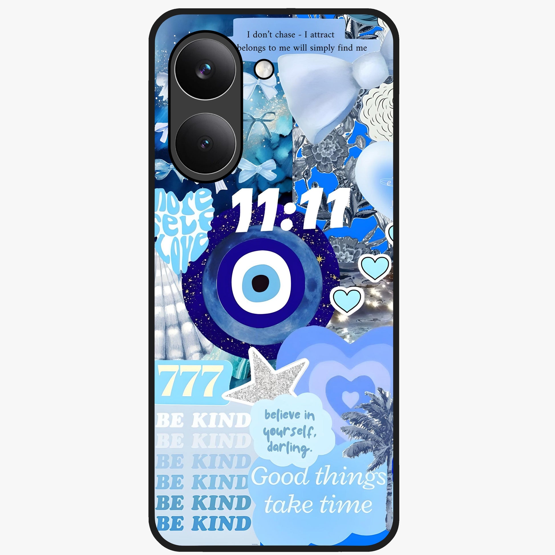Aesthetic Be Kind Eye Glass Case showing flat back view with motivational eye artwork and glossy glass finish.