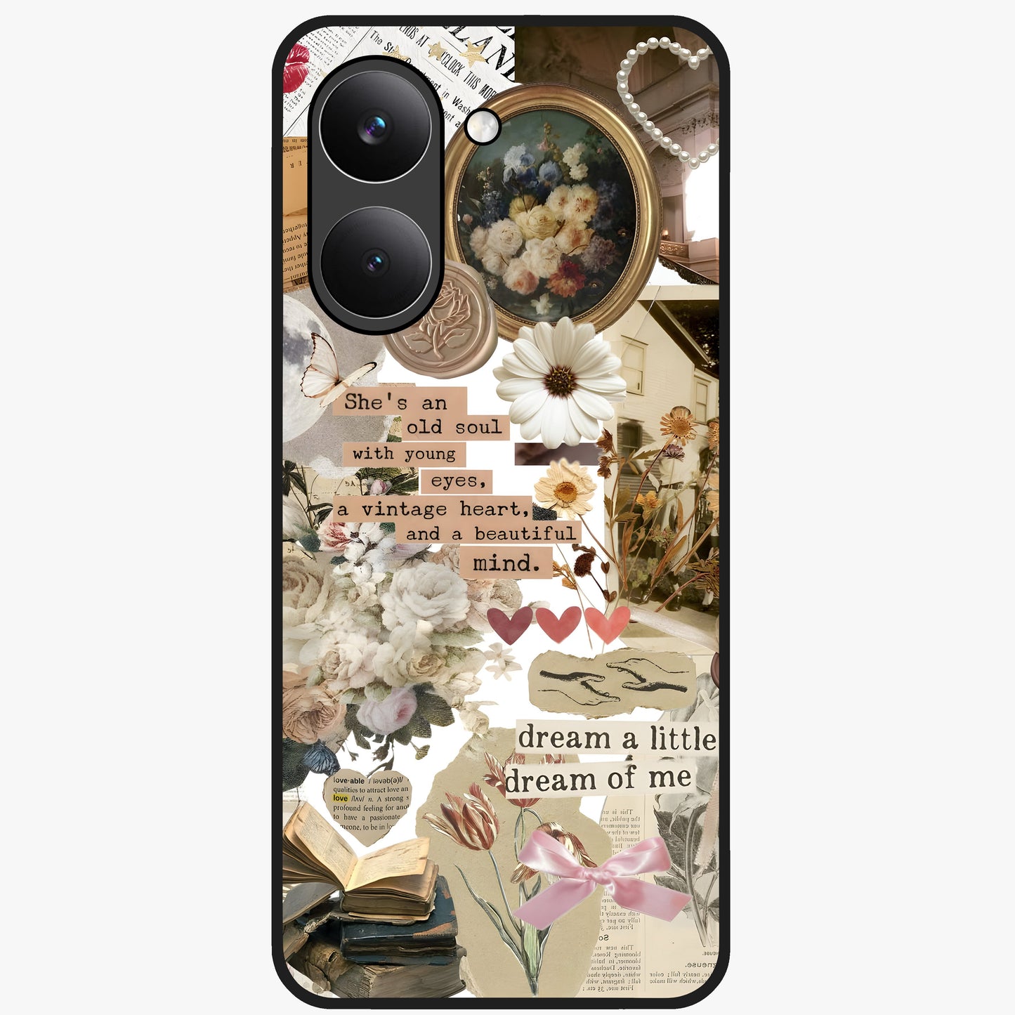 Aesthetic Brown Vintage Collage Glass Case showing flat back view with retro collage artwork and glossy glass finish.