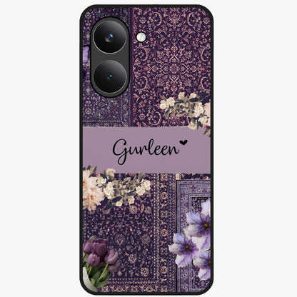 Antique Floral Whisper Custom Name Glass Case showing flat back view with vintage floral artwork and personalized name design.
