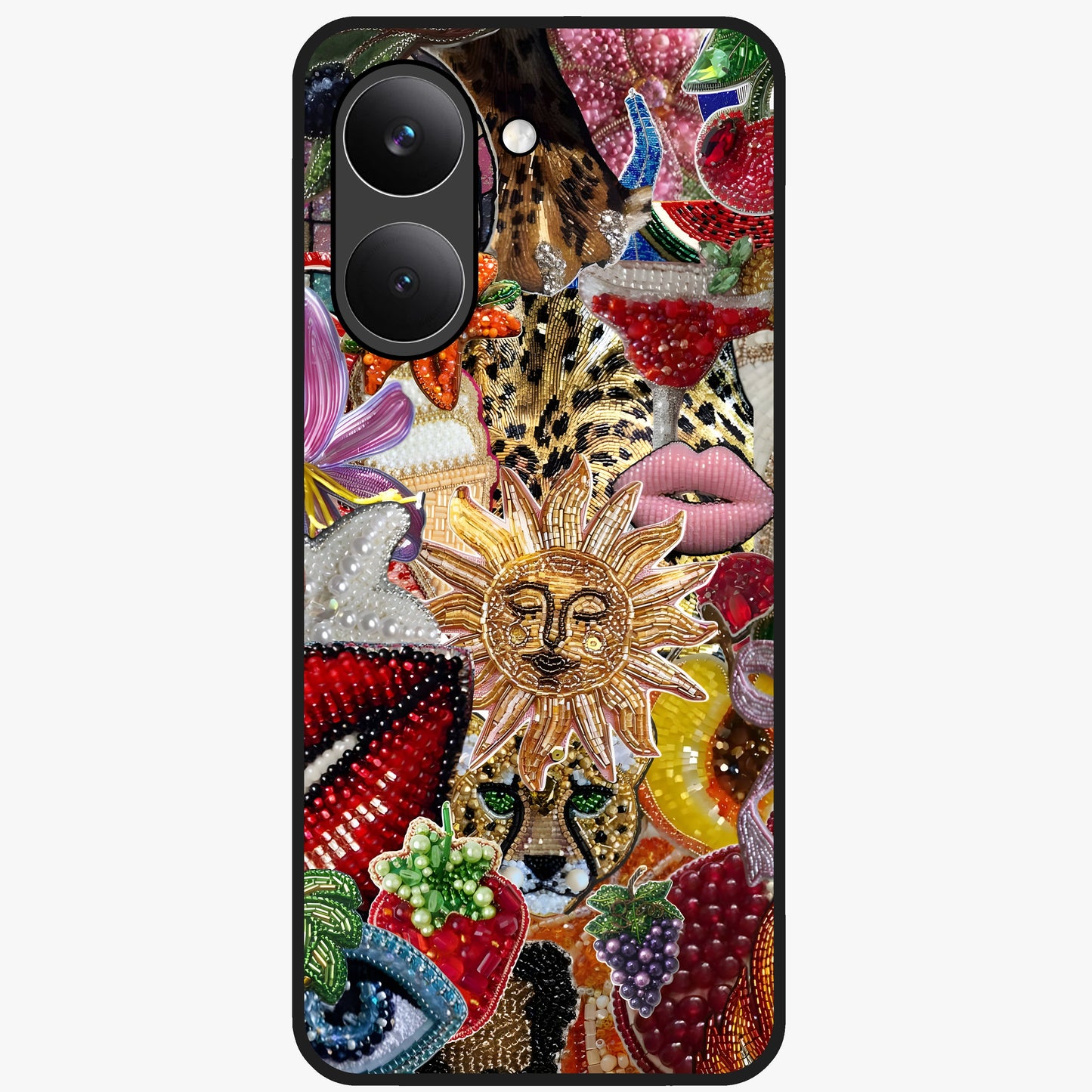 Beaded Fashion Jungle Glass Case showing flat back view with vibrant jungle inspired bead artwork and glossy glass finish.