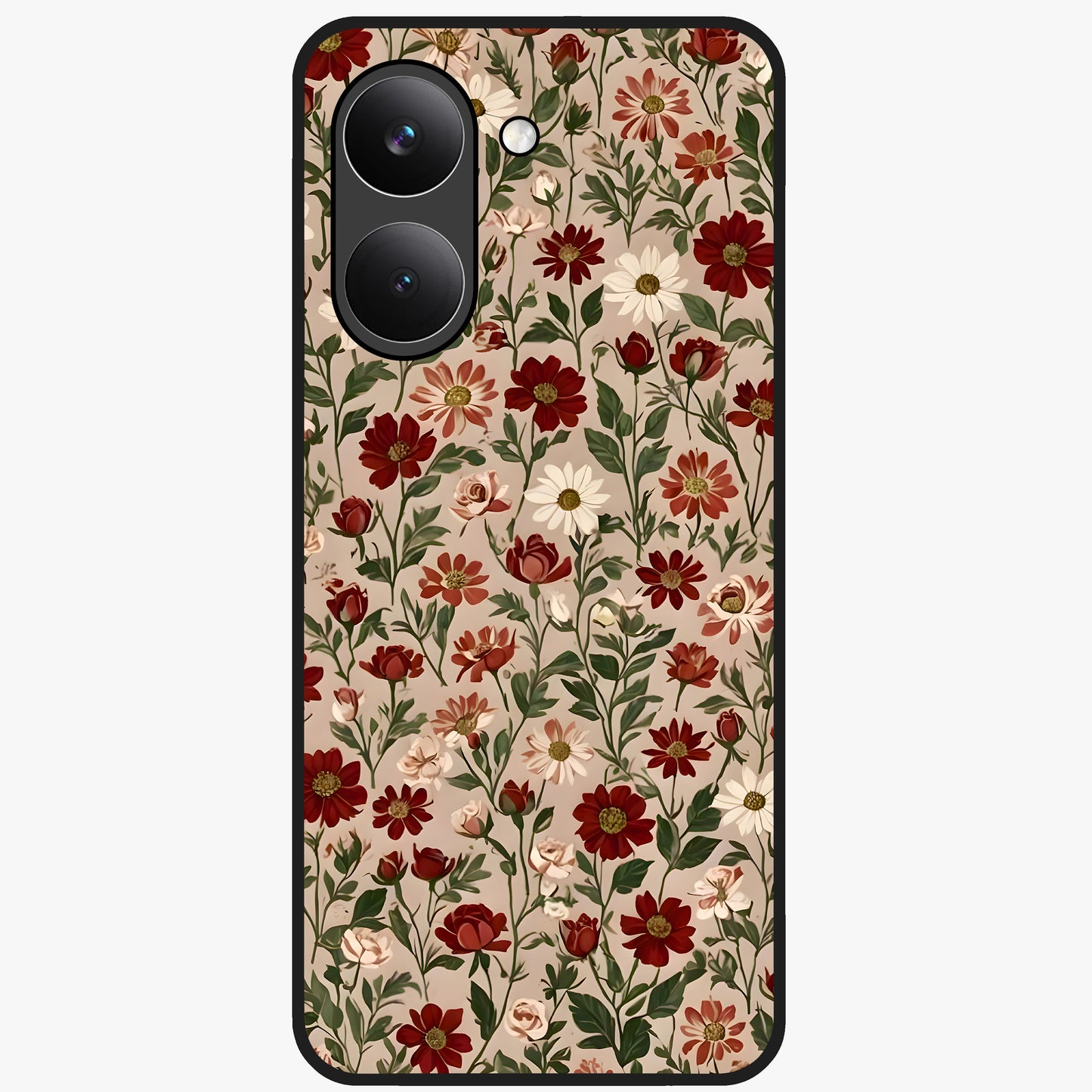 Biege Flower With Leaf Glass Case showing flat back view with soft beige floral artwork and glossy glass finish.