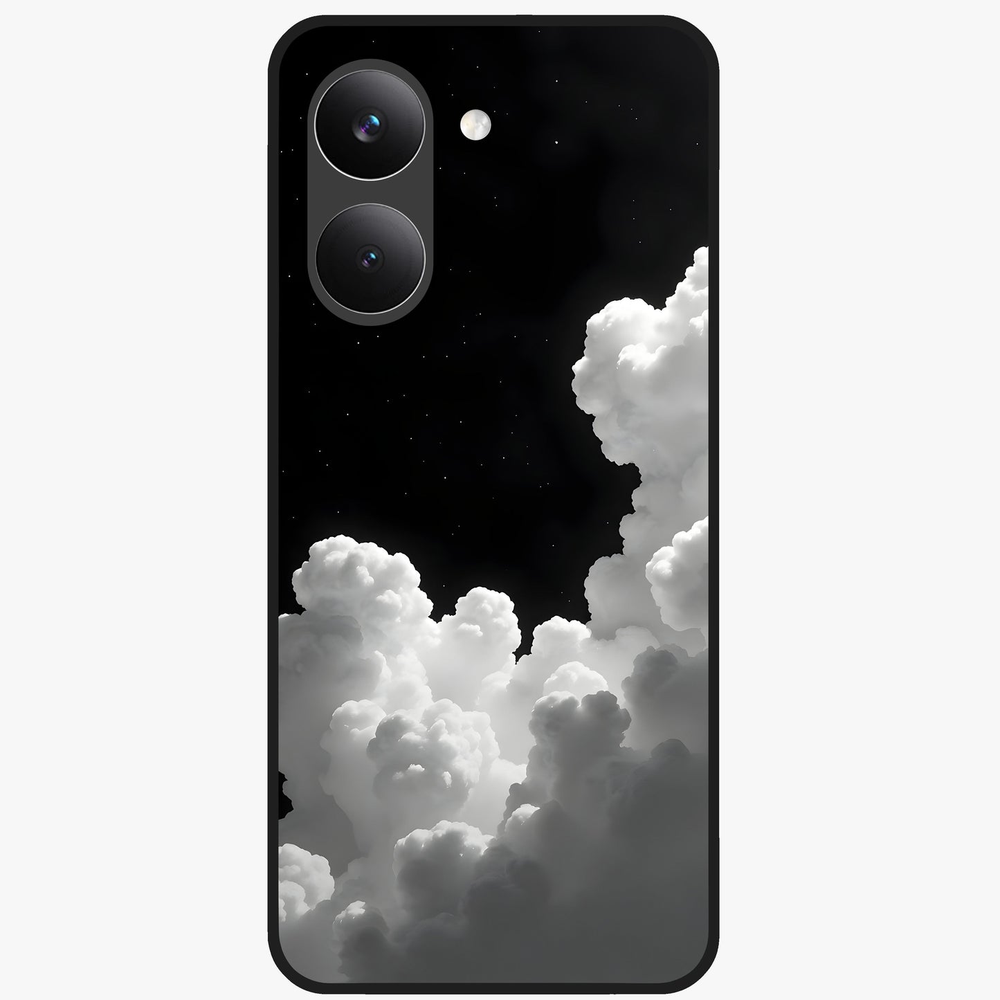 Black Background With White Cloud Glass Case showing flat back view with minimal cloud artwork on dark background and glossy glass finish.