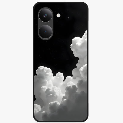 Black Background With White Cloud Glass Case showing flat back view with minimal cloud artwork on dark background and glossy glass finish.