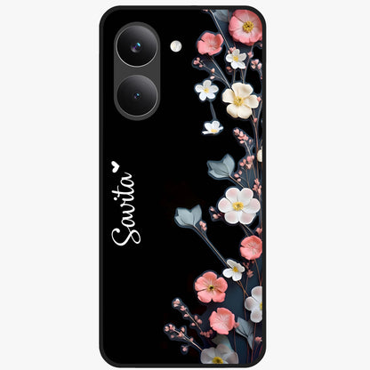Black Elegance Floral Custom Name Glass Case showing flat back view with elegant floral artwork and personalized name design.