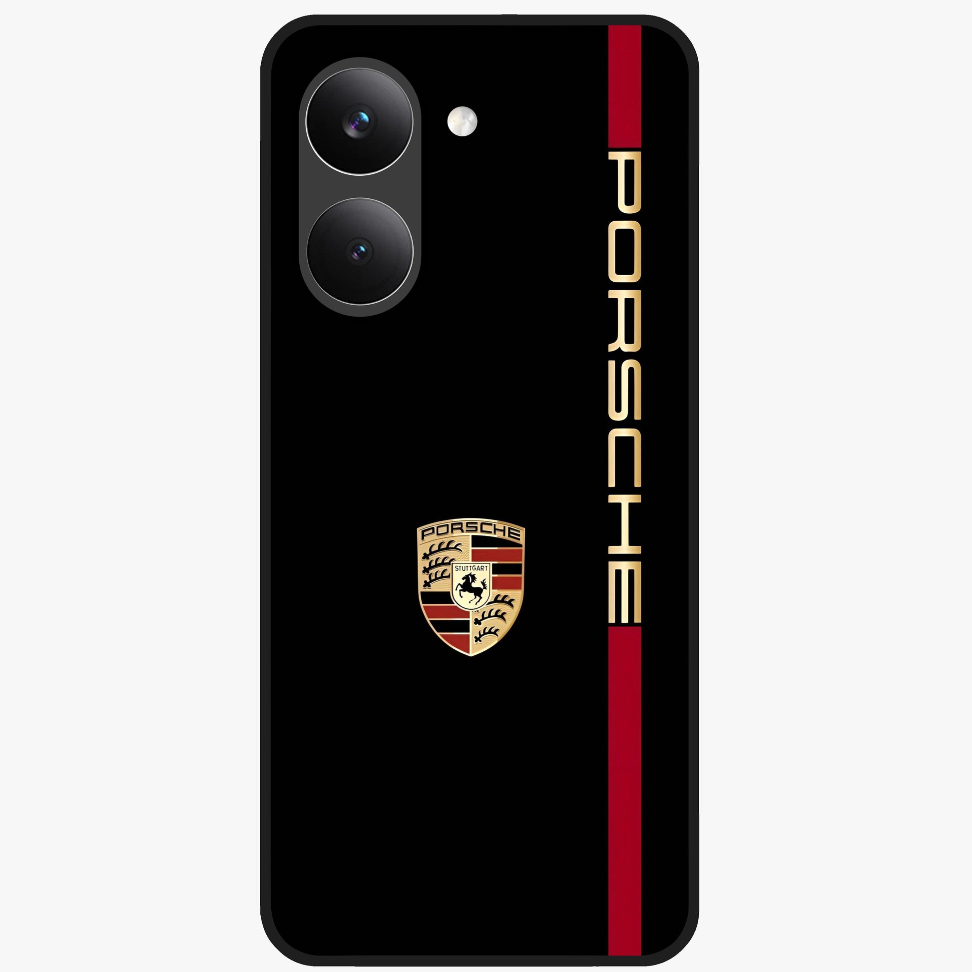 Black Minimal Porsche Glass Case showing flat back view with sleek minimal sports car artwork and glossy glass finish.