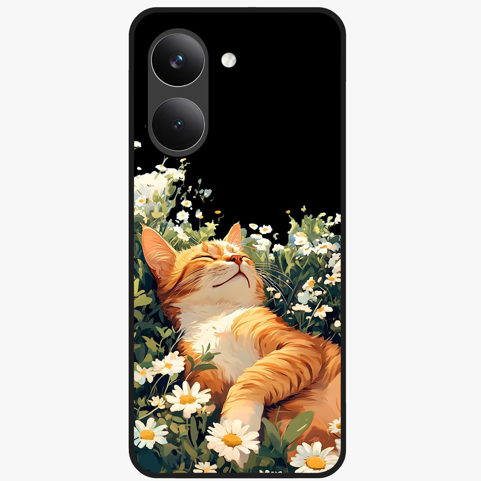 Blissful Bloom Cat Glass Case showing flat back view with cute cat and floral bloom artwork and glossy glass finish.
