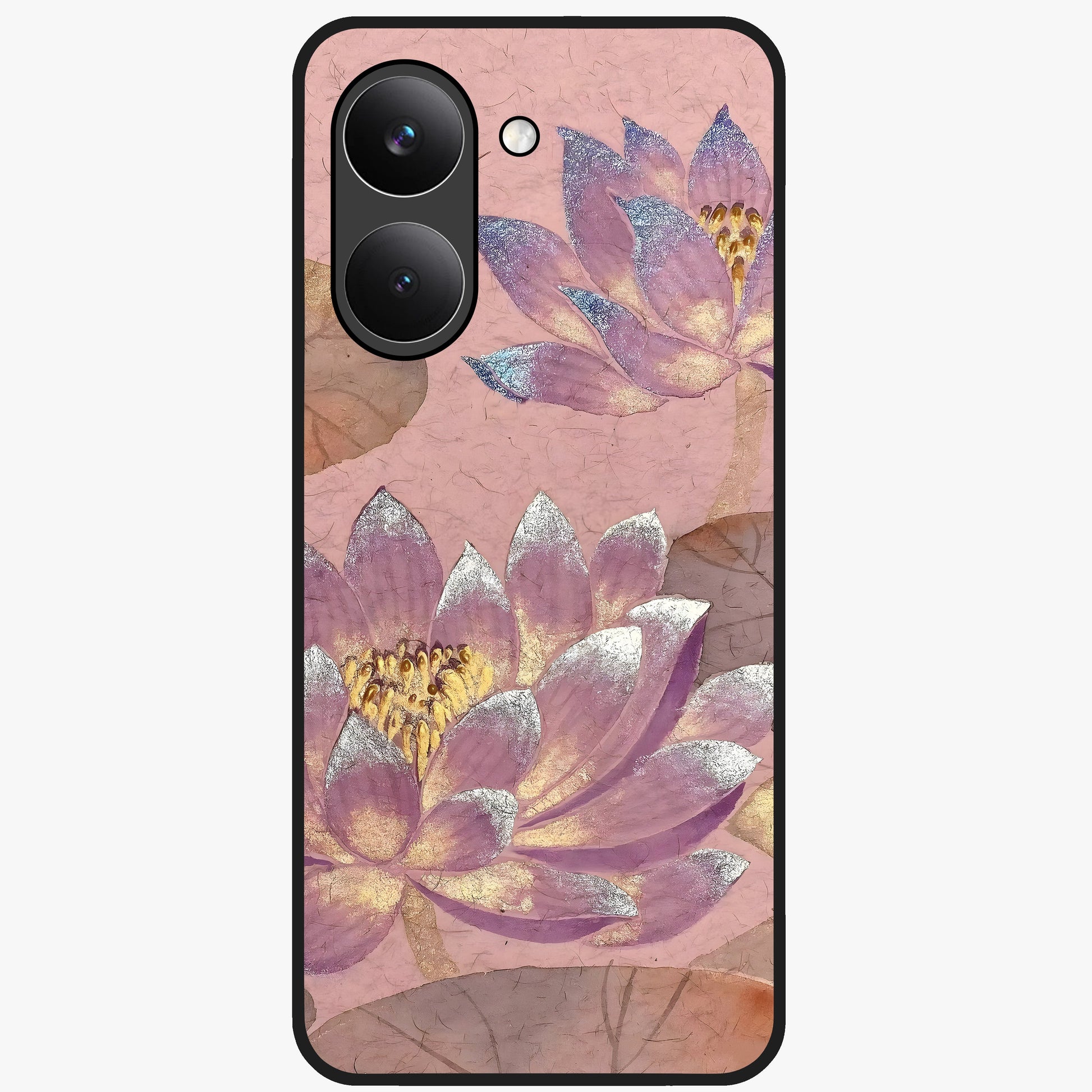 Blossom Mist Lotus Glass Case showing flat back view with serene lotus blossom artwork and glossy glass finish.