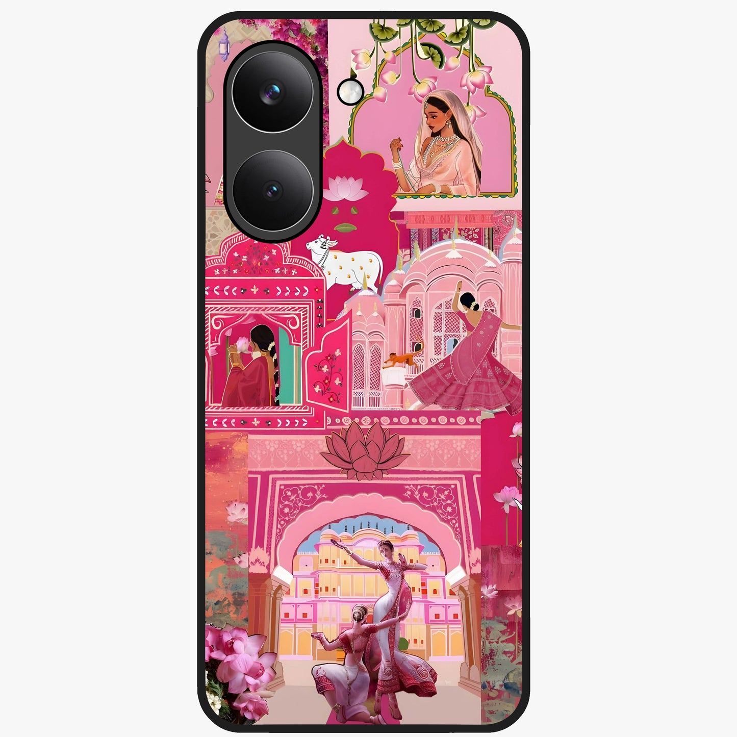 Blossoms of Rajasthan Glass Case showing flat back view with traditional floral artwork inspired by Rajasthan and glossy glass finish.