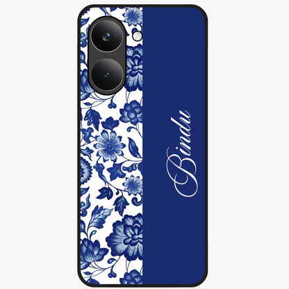 Blue Vintage Floral Pattern Glass Case upright view showcasing timeless floral illustration with vintage inspired style.