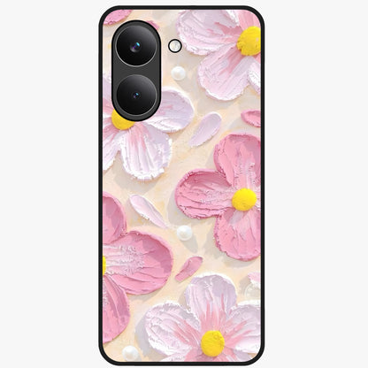 Blush Bloom Texture Glass Case showing flat back view with soft blush floral texture artwork and glossy glass finish.