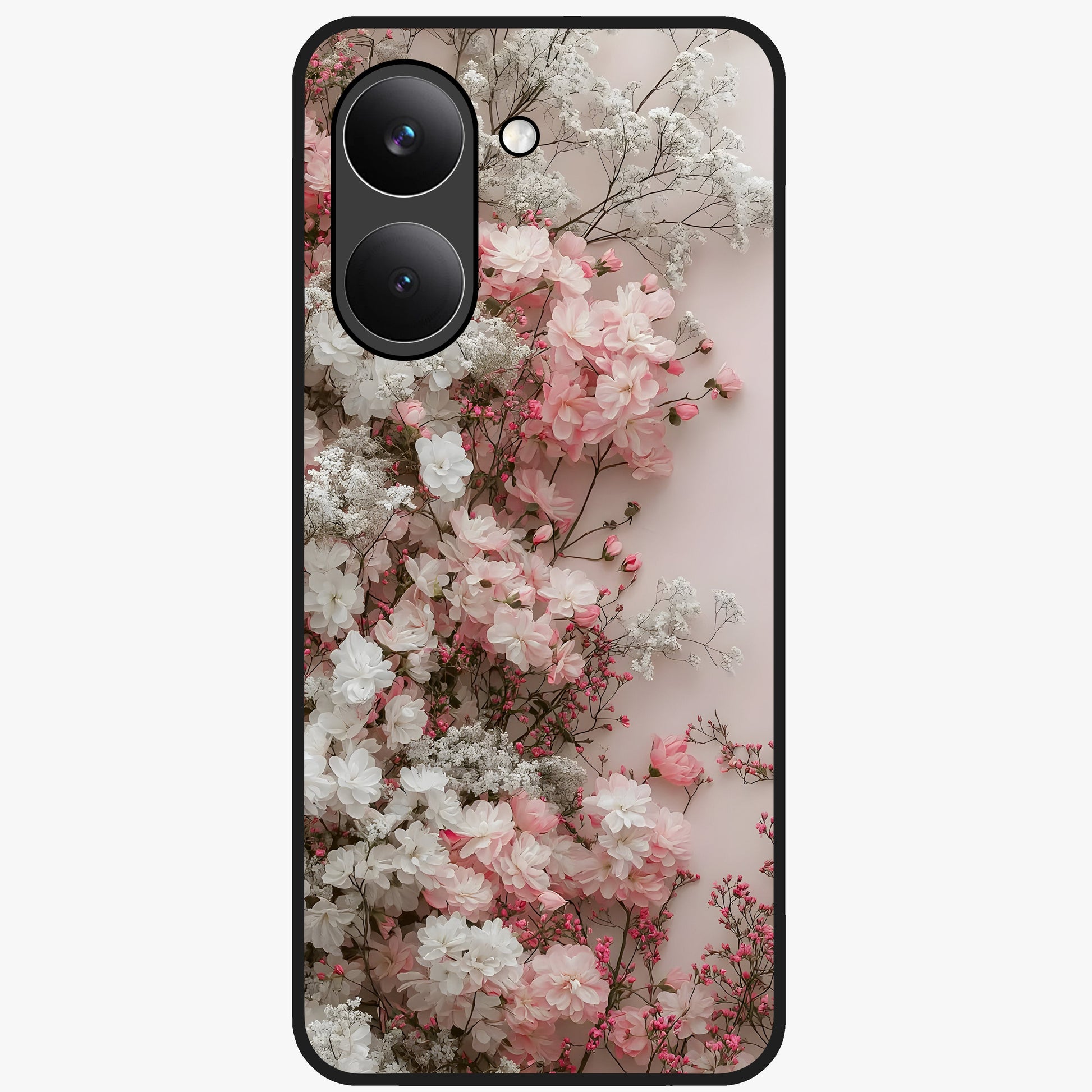 Blush Blossom Cloud Glass Case showing flat back view with dreamy blush cloud blossom artwork and glossy glass finish.