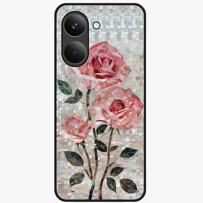 Blush Mosaic Bloom Glass Case showing flat back view with mosaic floral bloom artwork and glossy glass finish.