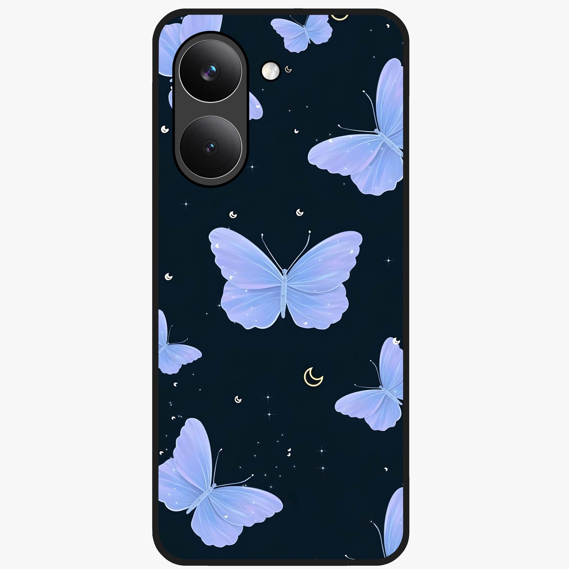 Butterfly With Stars Pattern Glass Case showing flat back view with butterfly and star pattern artwork and glossy glass finish.