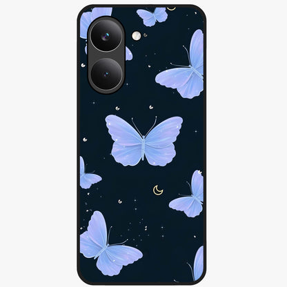 Butterfly With Stars Pattern Glass Case showing flat back view with butterfly and star pattern artwork and glossy glass finish.