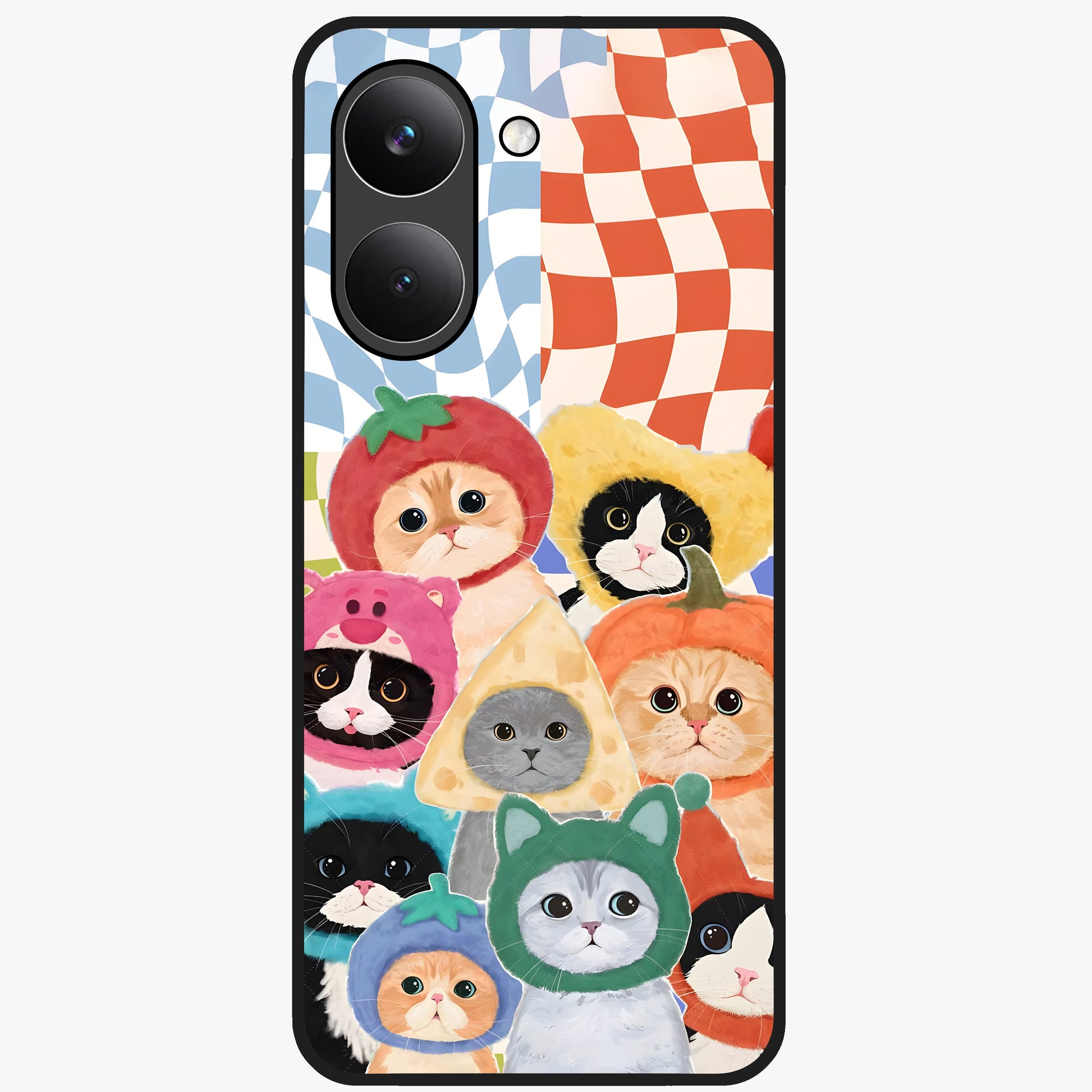 Cats in Fruits Glass Case showing flat back view with playful cat illustrations inside fruit artwork and glossy glass finish.