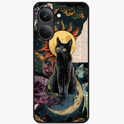 Celestial Black Cat Glass Case showing flat back view with mystical black cat artwork and glossy glass finish.
