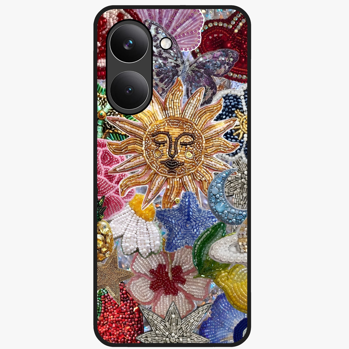 Celestial Floral and Playful Glass Case showing flat back view with floral and celestial themed artwork and glossy glass finish.