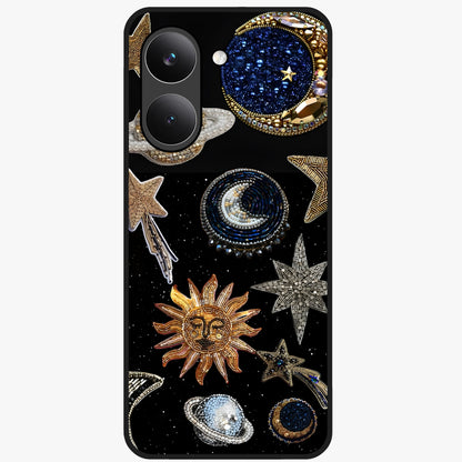 Celestial Gem Constellations Glass Case showing flat back view with sparkling constellation artwork and glossy glass finish.
