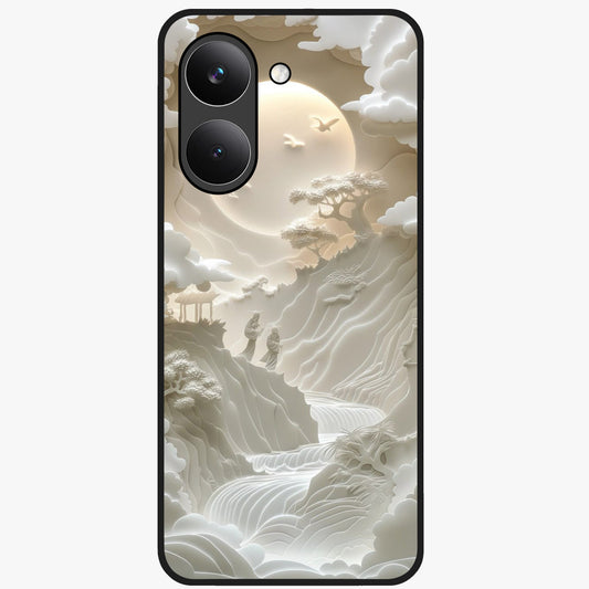 Celestial Origami Glass Case showing flat back view with artistic origami inspired celestial artwork and glossy glass finish.