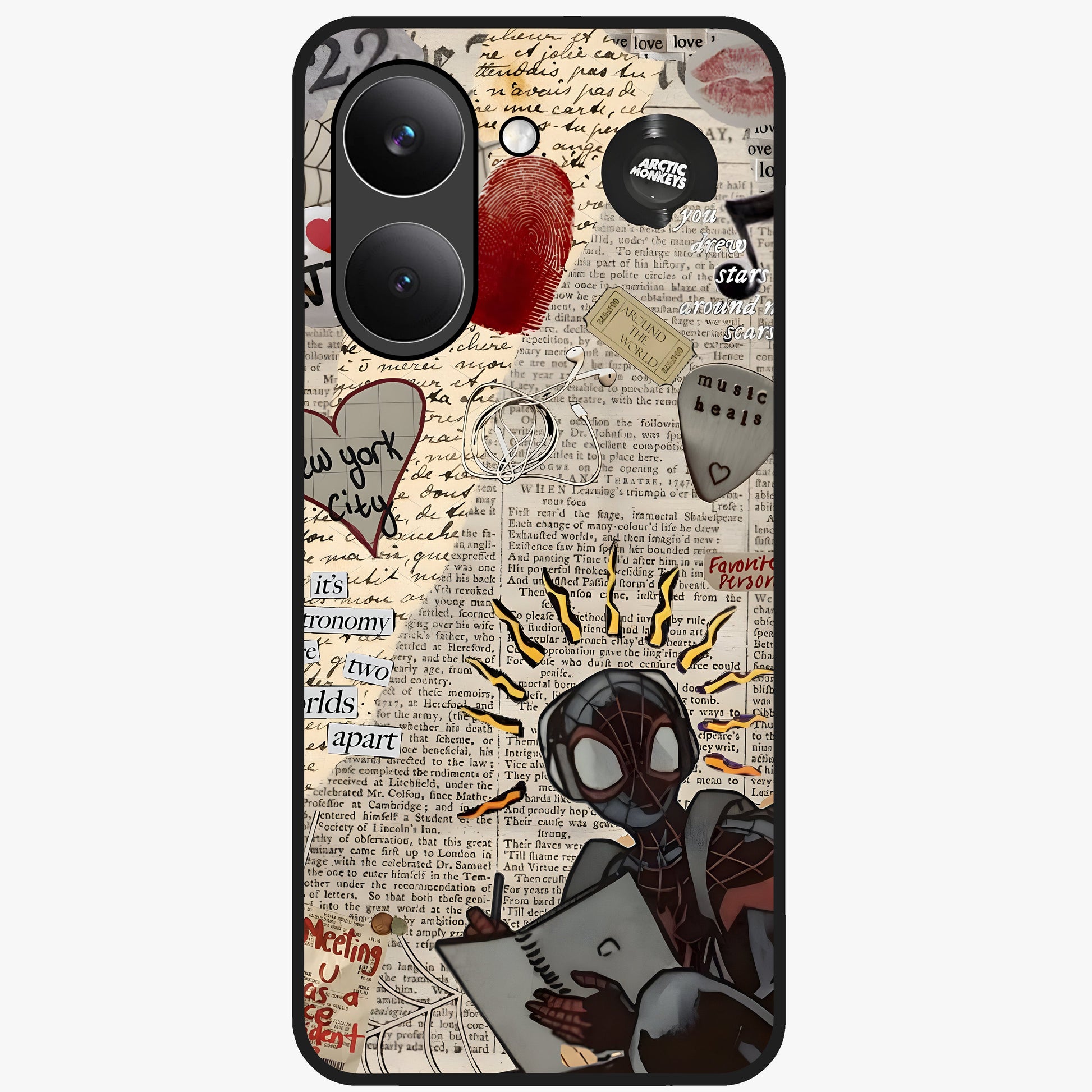 City Dream Sketch Glass Case showing flat back view with artistic city skyline sketch artwork and glossy glass finish.