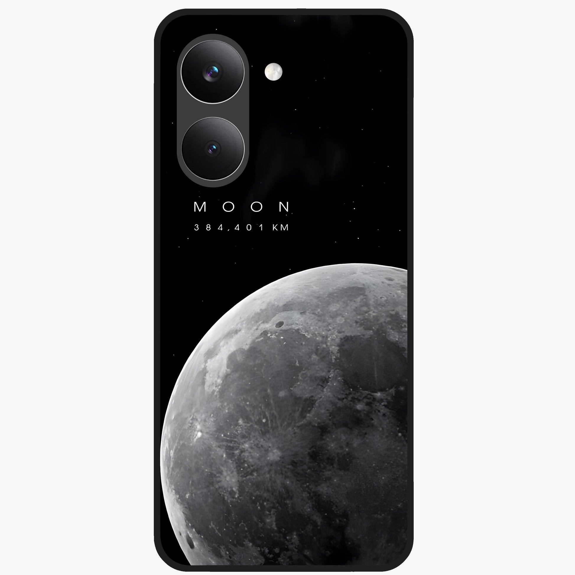 Cosmic Moon Glow Glass Case showing flat back view with glowing moon artwork and glossy glass finish.