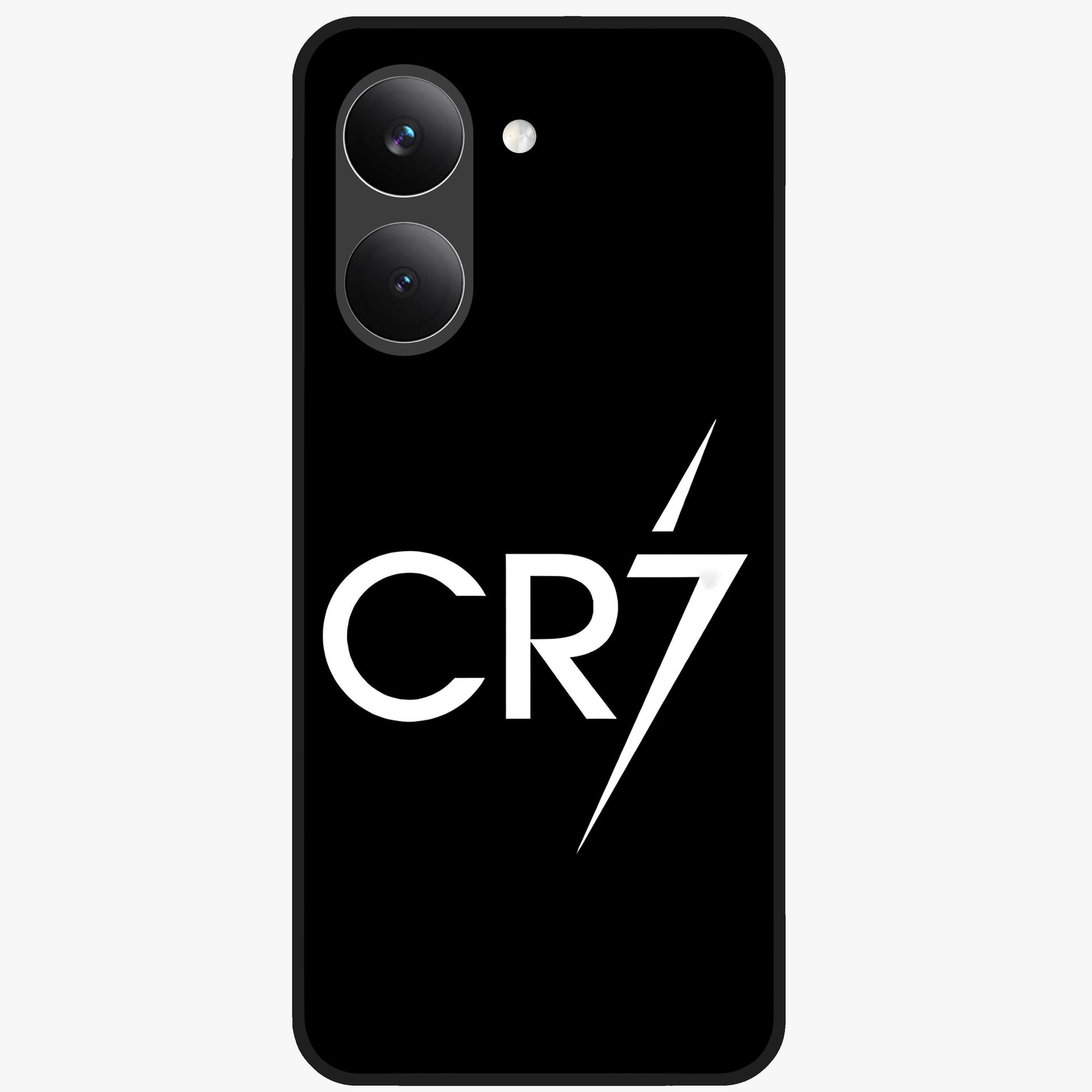 Cr7 Elite Strike Glass Case showing flat back view with dynamic football inspired artwork and glossy glass finish.