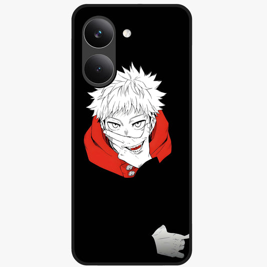 Crimson Chaos Smile Glass Case showing flat back view with bold chaotic smile artwork and glossy glass finish.