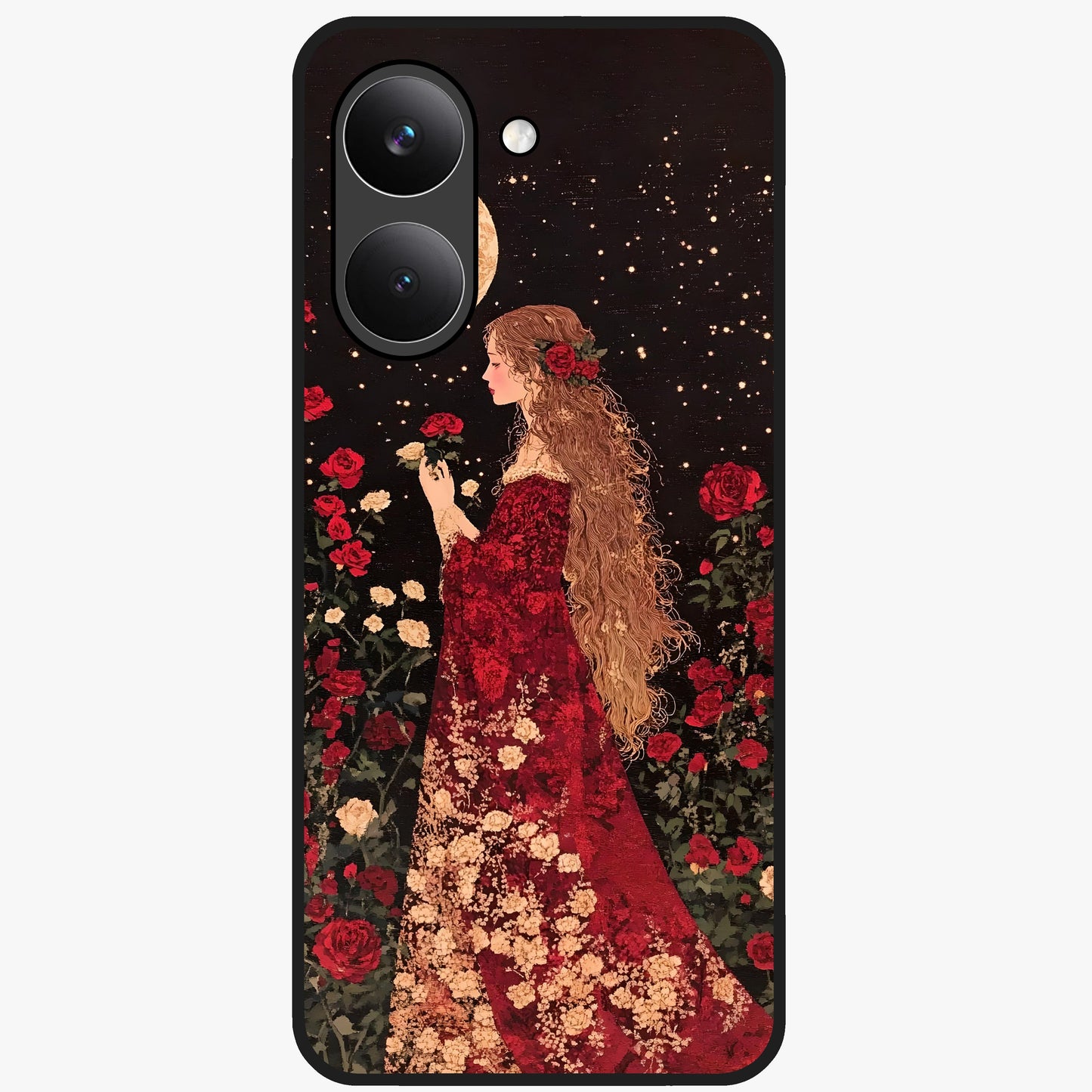 Crimson Dreams Glass Case showing flat back view with dreamy crimson artwork and glossy glass finish.