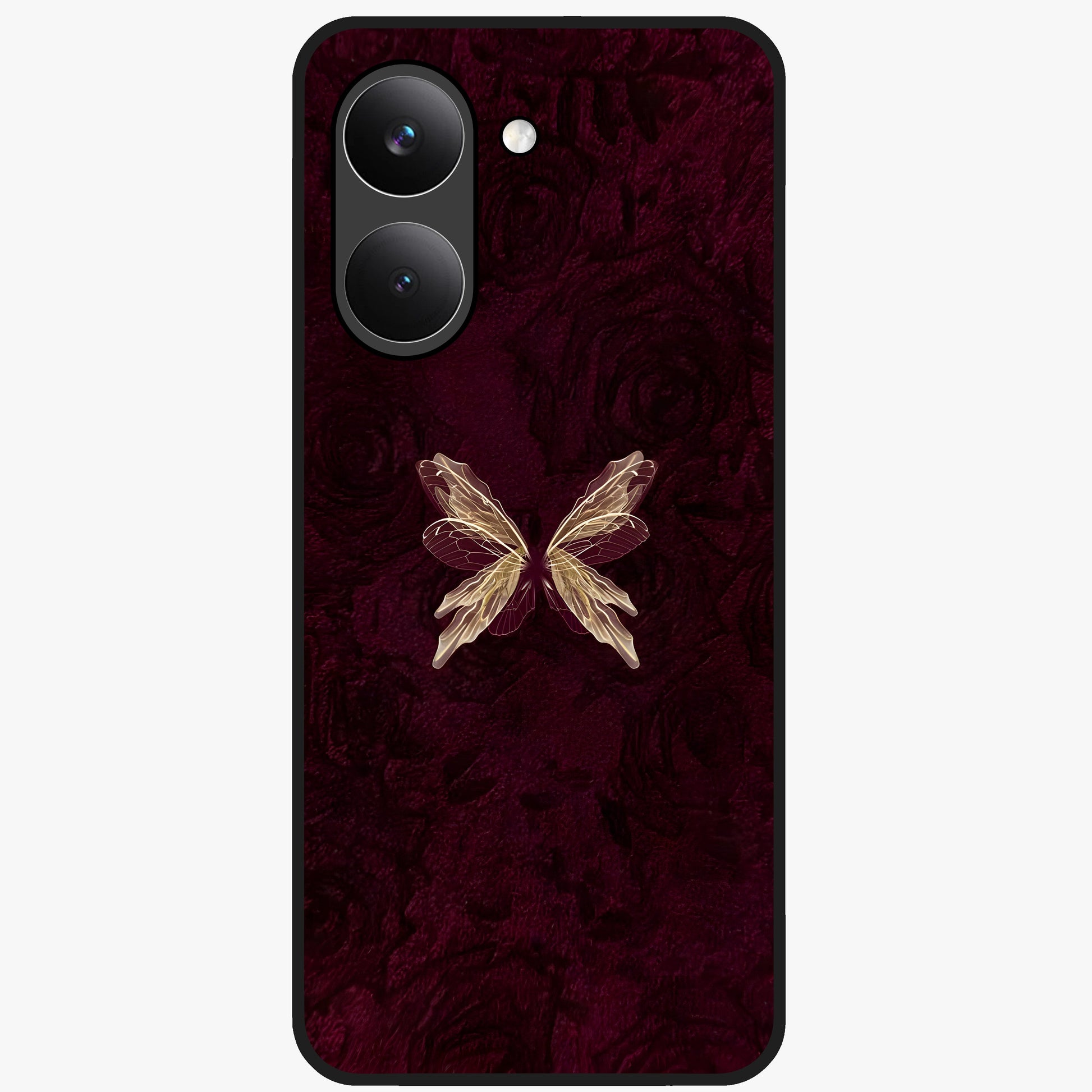 Crimson Fade Butterfly Glass Case showing flat back view with fading butterfly artwork and glossy glass finish.