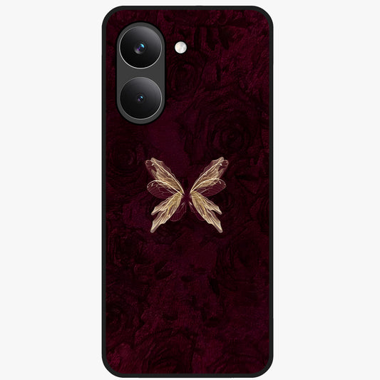 Crimson Fade Butterfly Glass Case showing flat back view with fading butterfly artwork and glossy glass finish.