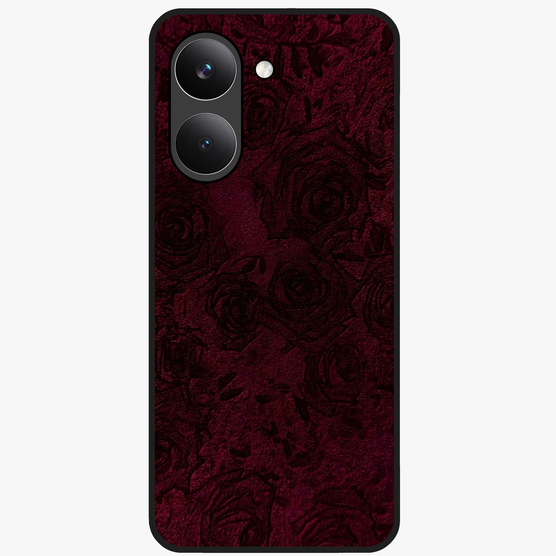 Crimson Fade Flow Glass Case showing flat back view with flowing crimson gradient artwork and glossy glass finish.