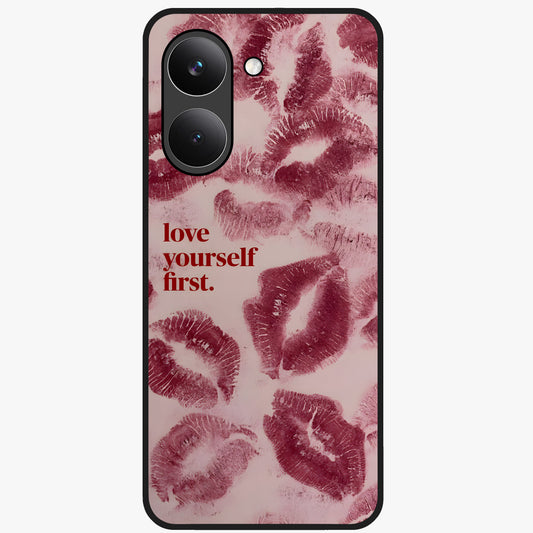 Crimson Kiss Love Glass Case showing flat back view with romantic crimson themed artwork and glossy glass finish.