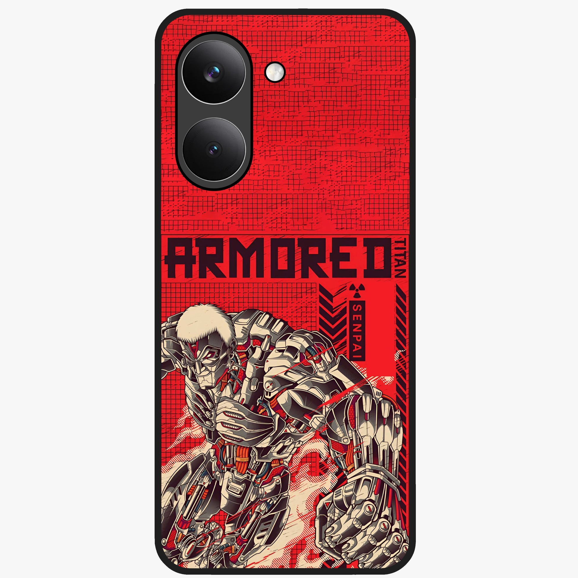 Crimson Mecha Titan Glass Case showing flat back view with powerful mech titan artwork and glossy glass finish.