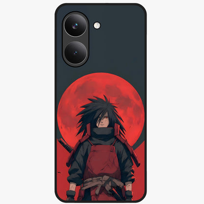 Crimson Moon Warlord Glass Case showing flat back view with mystical moon warrior artwork and glossy glass finish.