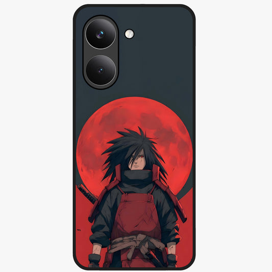 Crimson Moon Warlord Glass Case showing flat back view with mystical moon warrior artwork and glossy glass finish.